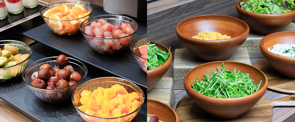 Japanese and Western-style dishes, colorful appetizers, and a fresh salad corner